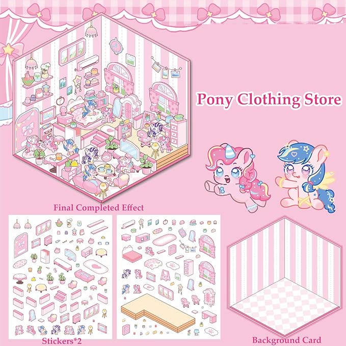 DIY 3D Sticker Scene, 6 Sets of Cute Miniature Isometric Stickers for Kids Adult Therapy Scenes Sticker Reuseable and Waterproof Stickers for Girl, Holiday & Christmas Fun