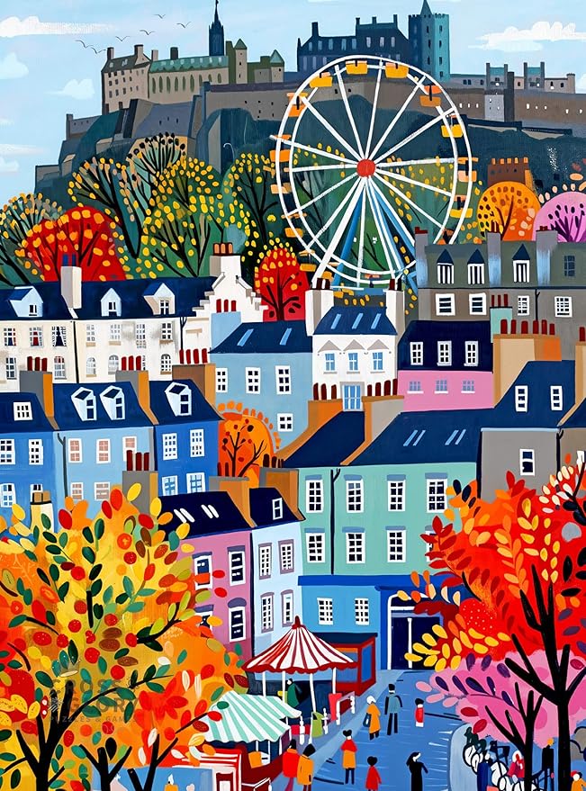 Cross & Glory – Castle & Carousel – 1000 Piece Jigsaw Puzzle for Adults | Colorful Edinburgh Folk Art Puzzle | Bright Scottish City Artwork | Premium Ribbon-Cut Puzzle with Satin Finish