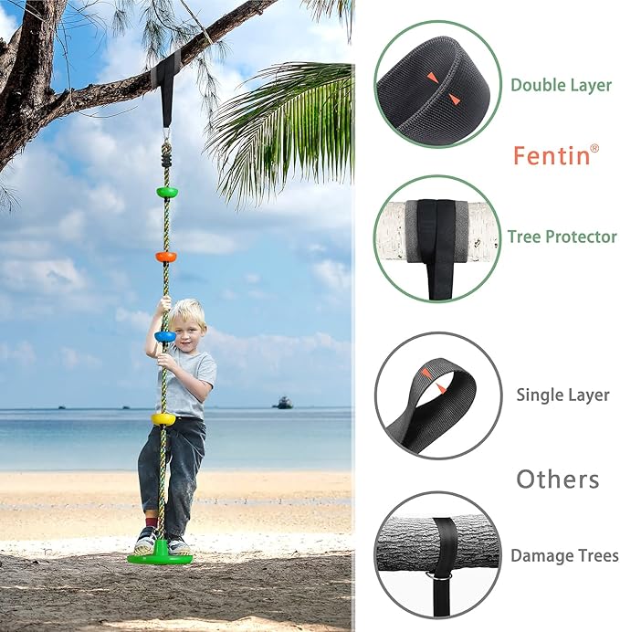 Tree Swing for Kids Backyard Single Disc Rope Climbing Swing Seat for Tree Indoor Outdoor Playground Set Accessories with Thickening 4 Ft Strap-Green