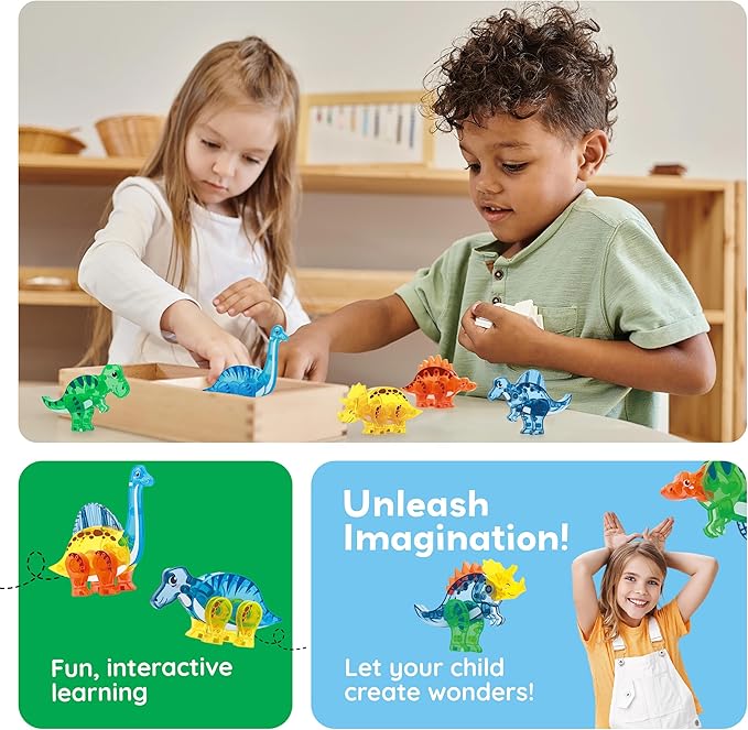 PicassoTiles Dinosaur Magnetic Tiles Accessory Set Mix and Match Dino Figure Parts for STEM Magnet Tile Construction Building Blocks Sets Creative Pretend Play Educational Toy for Kids Ages 3+ PTA28