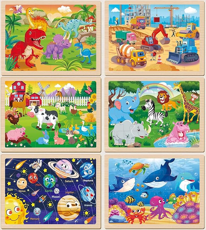 Wooden Puzzles for Kids Ages 4-6, 6 Packs 24 Pcs Jigsaw Puzzles Preschool Educational Toys Gifts for Children Ages 3 4 5 6 Year Old Kids Puzzles Ages 3-5 Year Olds Boys Girls