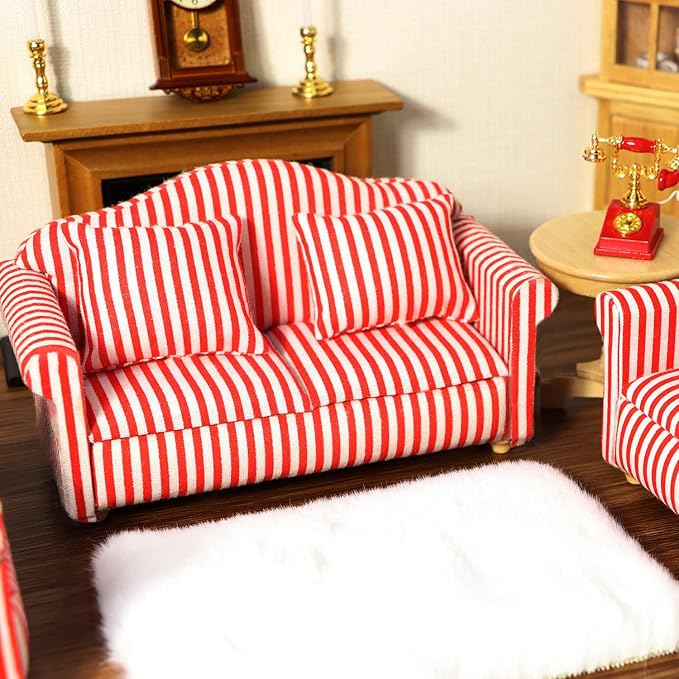 Dollhouse Couch Miniature Sofa with Pillows Dollhouse Living Room Funiture 1:12 Scale Model 3 Pcs High Simulation Upholstered Wooden Fabric Armchair Mini Room Artificial House Scene Decoration (Strip)