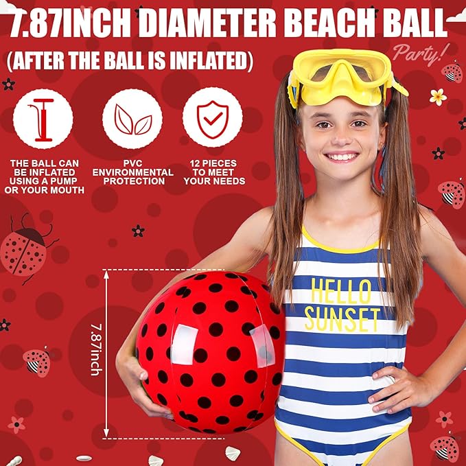 Leyndo 12 Pack Polka Dots Ladybug Beach Ball for Kids 7.87" Bulk for Summer Pool and Beach Game Gifts and Birthday Party Supplies and End of The Year Class Party Decoration Favors