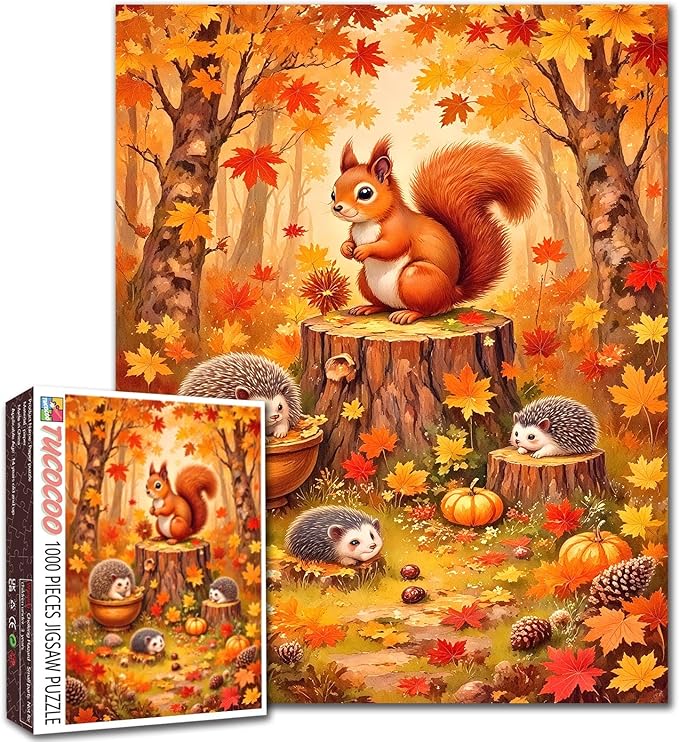 Autumn Fallen Leaves Jigsaw Puzzles 1000 Pieces Squirrels Hedgehog Animals for Adults Thanksgiving Puzzles Gifts for Friends and Family Stress Relief Toys Wall Art Decor Gift 19.7 x 27.6 in