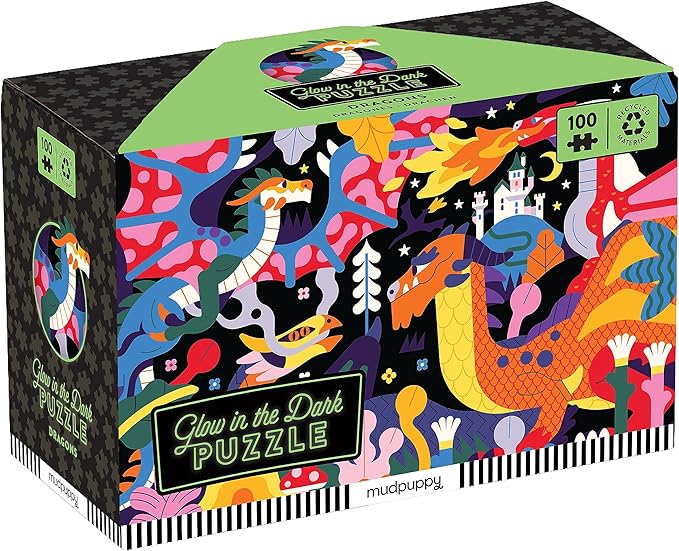 Mudpuppy Dragons – 100 Piece Glow in The Dark Jigsaw Puzzle with a Fantastical Scene of Fire Breathing Dragons and Hidden Medieval Details in The Dark