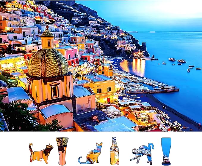 MINIWAN 500 Piece Puzzles for Adults - Positano Coastal Town Night View Jigsaw Puzzle, 23x15 Inches with Unique Irregular Shaped Pieces for Relaxation & Home Wall Decor