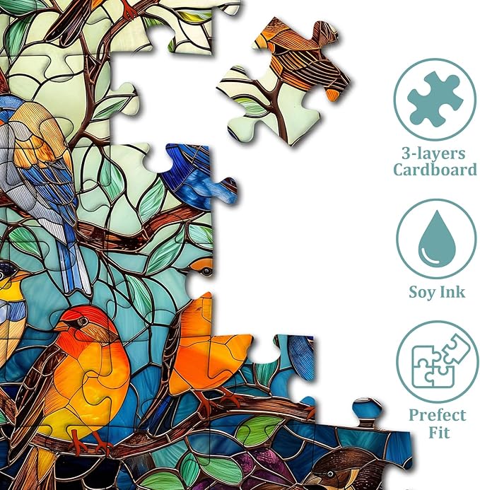 Stained Glass Puzzle Bird Puzzles for Adults 1000 Pieces, Colorful Round Bird Tree Jigsaw Puzzle, Impossible Hard Difficult Puzzles for Adults, Challenging Puzzles as Home Wall Decor