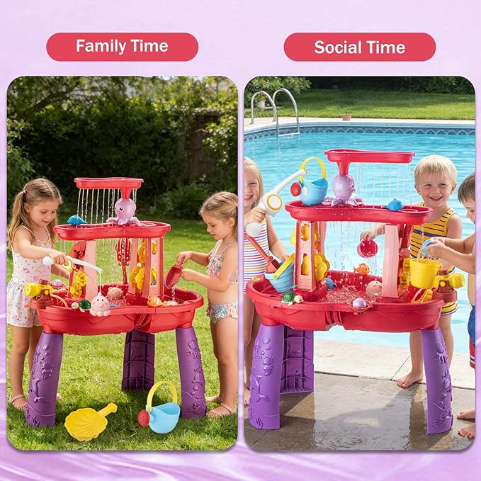Water Table for Toddlers 3-5 Outdoor Toys for Kids Ages 4-8 3-Tier Kids Sand Water Table with Fishing Game Set Activity Sensory Table Summer Gift Beach Outside Toys for Toddler Girl