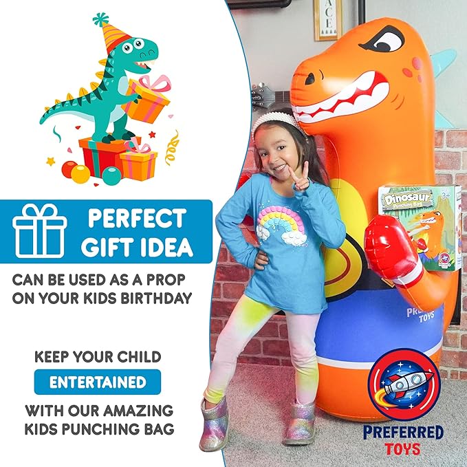 47" Inflatable Dinosaur Punching Bag for Kids - Durable Blow Up Kids Punching Bag with Bounce Back Base - Inflatable Indoor Outdoor Active Toddler Bop Play Toy
