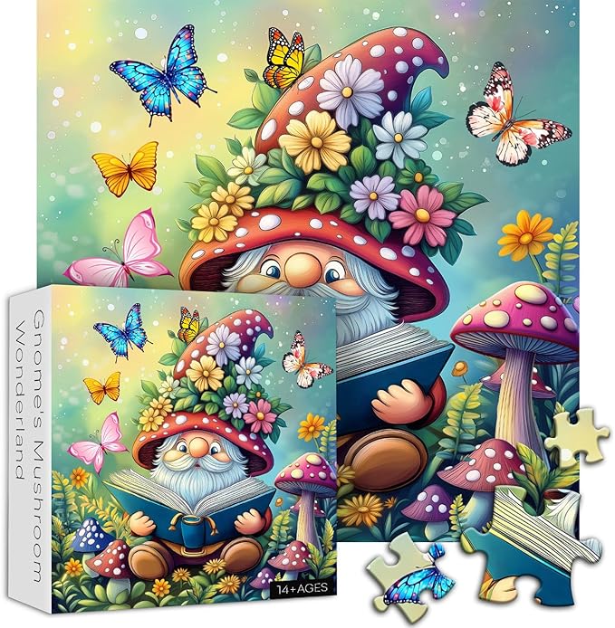 Funny Gnomes Puzzles for Adults 1000 Pieces, Nature Mushroom Butterfly Garden Themed, Cute Spring Gnome Flower Jigsaw Puzzles Challenge