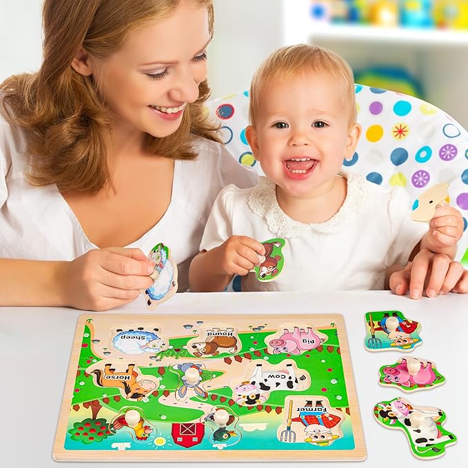 SYNARRY Wooden Puzzles for Toddlers 1-3, 6XSET Animals Puzzles for Toddlers 2-4 with Rack, Toddler Puzzles Ages 2-4, Kids Learning Educational Montessori Toys, Easter Basket Stuffers for Boys Girls
