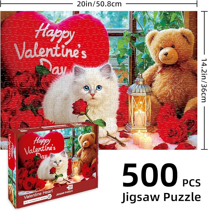 Sutinban Valentine 500 Piece Puzzle for Adults, White Cat Red Rose Bear Colorful Jigsaw Puzzle, Romantic Candlelight Greaty Family Game Sweet Heart Night Valentine Gifts for Man Woman Decor