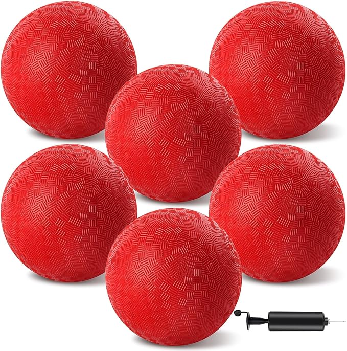 6 Pcs Dodgeballs 8.5 Inch Playground Ball Red Kickball Inflatable Rubber Handball Bouncy Dodge Ball with 1 Hand Pump for Outdoors Ball Games Gym Camps Picnic (Needle is at The Top of the Pump)