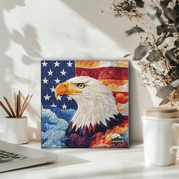 PICKFORU Embroidery Eagle Jigsaw Puzzles 1000 Pieces, American Flag Puzzles for Adults, Colorful Patch Theme as Home Decor