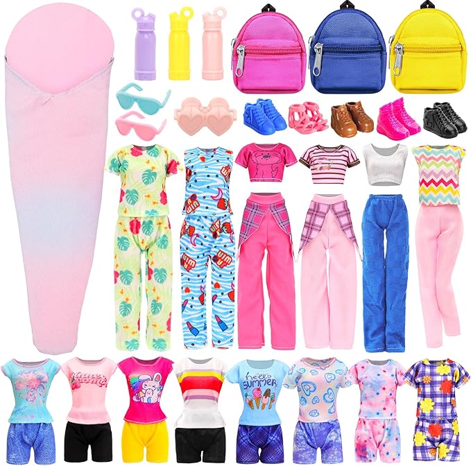 BARWA 26 Pcs Doll Travel Camping Set Includes 7 Sets Doll Clothes, Sleeping Bag, Backpack, Sport Bottles, Telescope,Glasses, Shoes Camping Accessories for 11.5 Inch Dolls