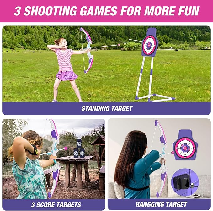 Bow and Arrow for Kids 4-6, LED Light Up Archery Set with 12 Suction Cup Arrows, 1 Standing Target, 3 Score Targets&1 Quiver, Indoor Outdoor Sport for Boys Girls Ages 8-12, Purple