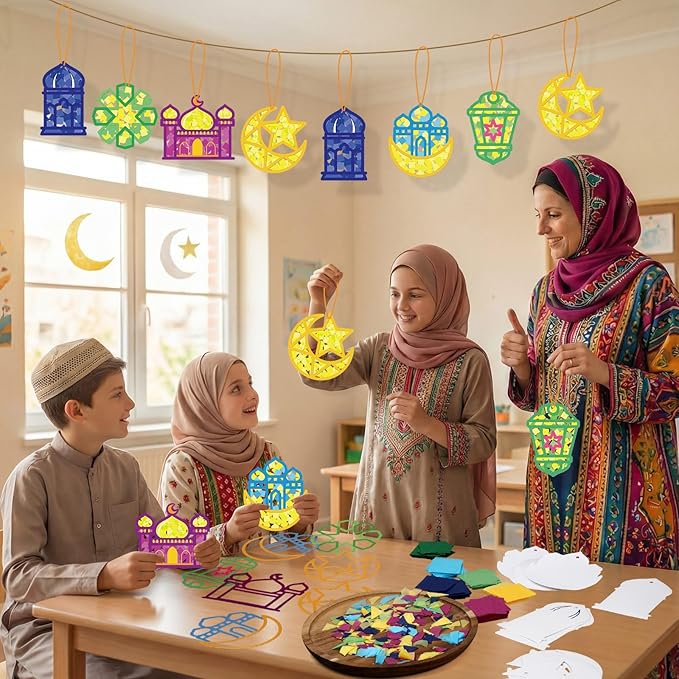 Feifeiya 24 Set Ramadan Crafts - DIY Ramadan Suncatcher Tissue Paper Craft Kit Eid Mubarak Crafts Bulk for Eid Al-fitr Activities Ornaments Hanging Decorations Party Gifts Favors Supplies