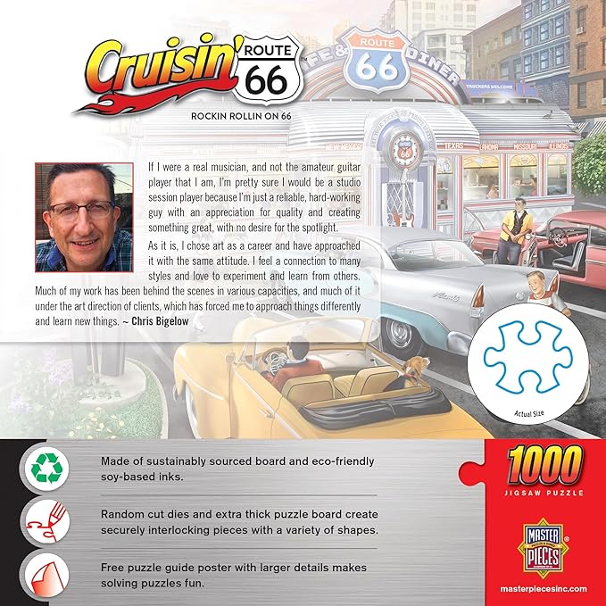MasterPieces Jigsaw Puzzle 1000 Pieces for Adults - Rockin Rollin on 66, Retro Diner Scene with Jukebox, 19.25"x26.75", Vintage Americana, Unisex Adult