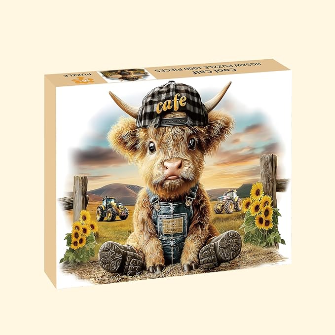 Puzzles for Adults 1000 Pieces, Highland Cow Jigsaw Puzzles - Cool Calf, Impossible Cow Puzzle for Seniors Family, 27.56 x 19.69 inches, 1:1 Poster, Letter on The Back