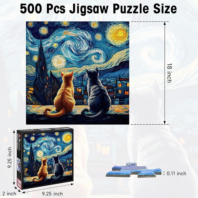 500 Piece Puzzles for Adults, Starry Night Cat Jigsaw Puzzle with Letters on Back, Art Animal Puzzle for Game Nights & Home Decor, 18×18 Inch Cardboard