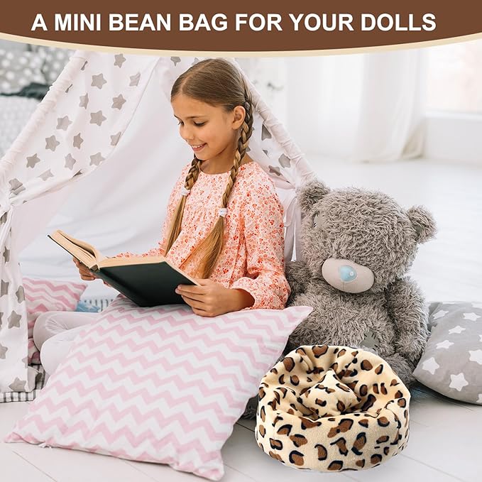 Doll Car Seat Compatible with Labubu, Handmade Bean Bag Chair for 5.9-6.7 inch Doll, Anti-Slip Bottom, Cute Doll Accessories for Display, Fans&Collectors Gifts, Durable Corduroy Fabric (Leopard Print)