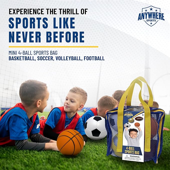 Nature Bound Mini 4-Ball Sports Bag - Soft Foam Balls Set for Kids - Basketball, Soccer, Volleyball, Football - Safe Indoor and Outdoor Play - No Pump Required - Mesh Storage Bag Included