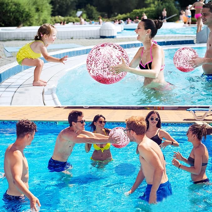 5 Pcs Inflatable Beach Balls, 16 Inch & 24 Inch Large Confetti Glitter Beach Balls, Sequins Clear Blow up Pool Balls Toys for Christmas Party Decorations 2026 New Year Birthday Summer Swimming Pool