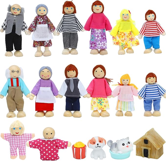 ONEST 18 Pieces Wooden Dollhouse Family Set Mini People Figures Dog Cat Sets Dollhouses Dolls Wooden Doll Family Pretend Play Figures Accessories for Pretend Dollhouse Toy