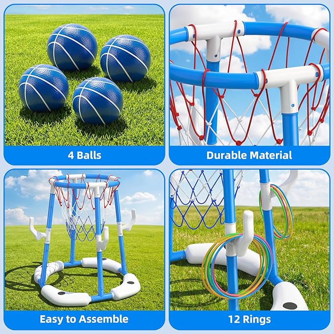Floating Pool Basketball Hoop, 2-in-1 Basketball Pool Toys for Kids with 4 Balls 12 Rings, Summer Outdoor Swimming Pool Sports Game Water Play Toys for Kids Age 3-12