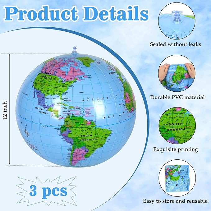 Coopay 3 Pack Inflatable Globe PVC World Globe Inflatable Earth Beach Ball Swimming Pool Ball Birthday Beach Party Decoration Summer Water Games Gifts for Beach Playing or Teaching