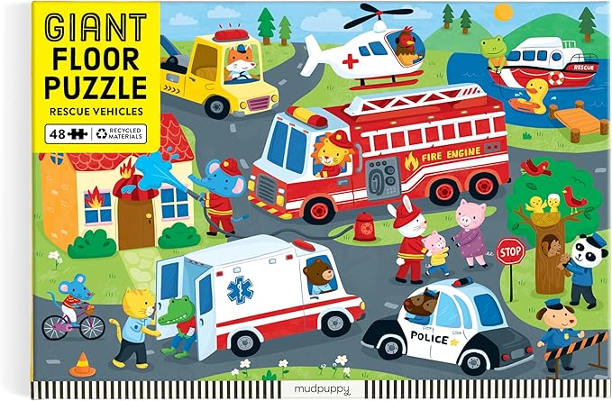 Mudpuppy Rescue Vehicles – 48 Piece Giant Floor Jigsaw Puzzle Featuring A Colorful Scene of Different Kinds of Rescue Transportation Vehicles and Adorable Rescue Characters