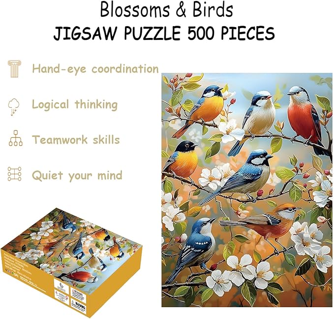 Puzzles for Adults 500 Pieces, Bird Jigsaw Puzzles 500 Pieces -Blossoms & Birds, Impossible Flowers Puzzle, Finished Size 20.47 * 14.96”, with 1:1 Poster, Letter on The Back