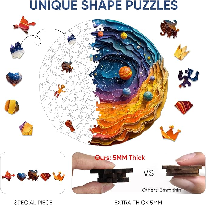 Mys Aurora Space Puzzles for Adults, 200 Piece Unique Shapes Solar System Wooden Puzzles, 3D Visual Effect Planet Jigsaw Puzzles, Family Puzzle Games Birthday Gift, 11.4 x 11.2 Inches