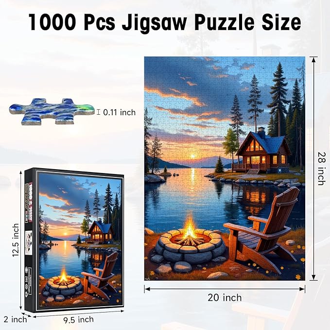 Lake Cabin Puzzles for Adults 1000 Pieces, Sunset Forest Landscape Jigsaw with Bonfire Lodge, Camping Scene Puzzle with Letters on Back, 20x28 Wall Art, Relaxing Family Game, Easter