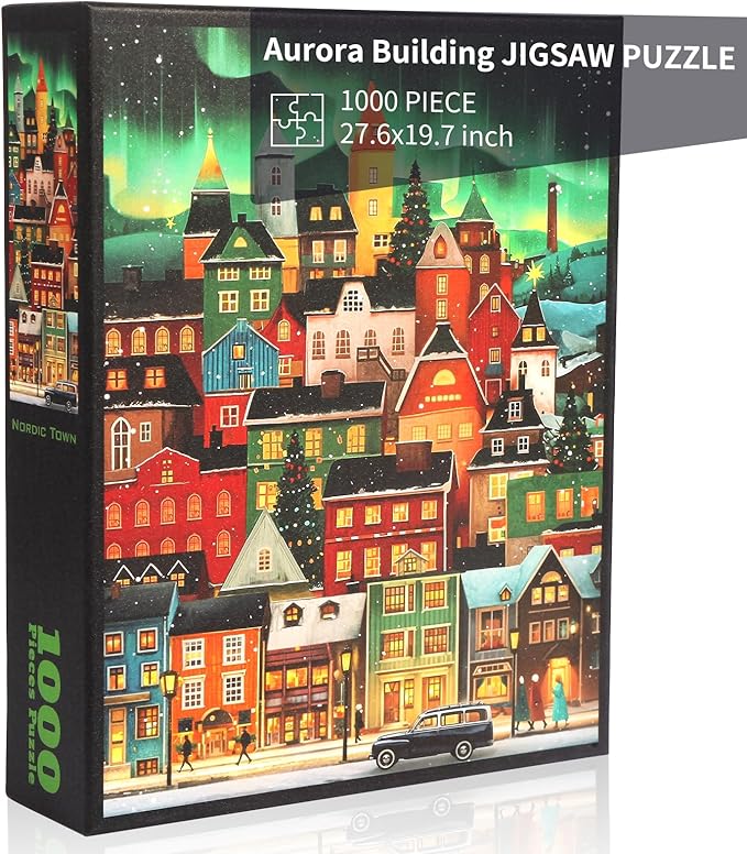 1000 Pieces Puzzle for Adults, Aurora Town Building Jigsaw Puzzles with Different Graphic Partitions on Back, Precisely Cut 27.6''x19.7''(Building)