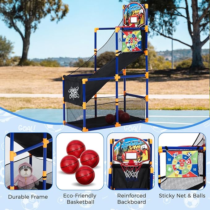 2-in-1 Kids Basketball Arcade Game Set with 4 Balls & 6 Sticky Toss Balls – Indoor & Outdoor Basketball Hoop and Dart Game, Height Adjustable Sports Toy with Ball Return Ramp for Boys & Girls Ages 3+