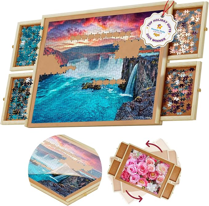 1000 Piece Rotating Puzzle Board with Drawers and Cover - 4 Drawers, Wooden Jigsaw Puzzle Table | 30” X 22”| Jigsaw Puzzle Board - Portable Puzzle Tables for Adults and Kids by Beyond Innoventions