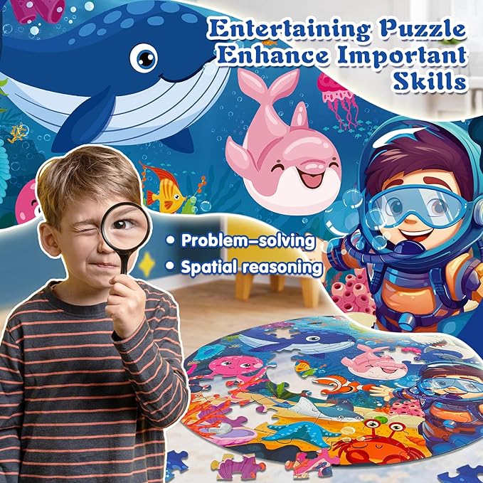 TALGIC Puzzles for Kids Ages 4-6, Large 70 Piece Round Ocean Floor Puzzles, Kids Puzzles 4-6 with Colorful Underwater World, Educational Learning Toys for 3, 4, 5, 6, 7, 8