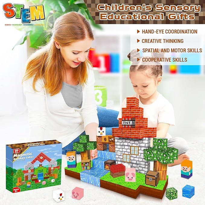 Magnetic Blocks - 100PCS Magnetic Building Blocks Cubes, Magnet Toys for Kids Age 3+, Toy Building Set for Kids, Magnets Stacking Construction Toys Easter Birthday Gifts for Boys Girls Age 4-8, 8-12