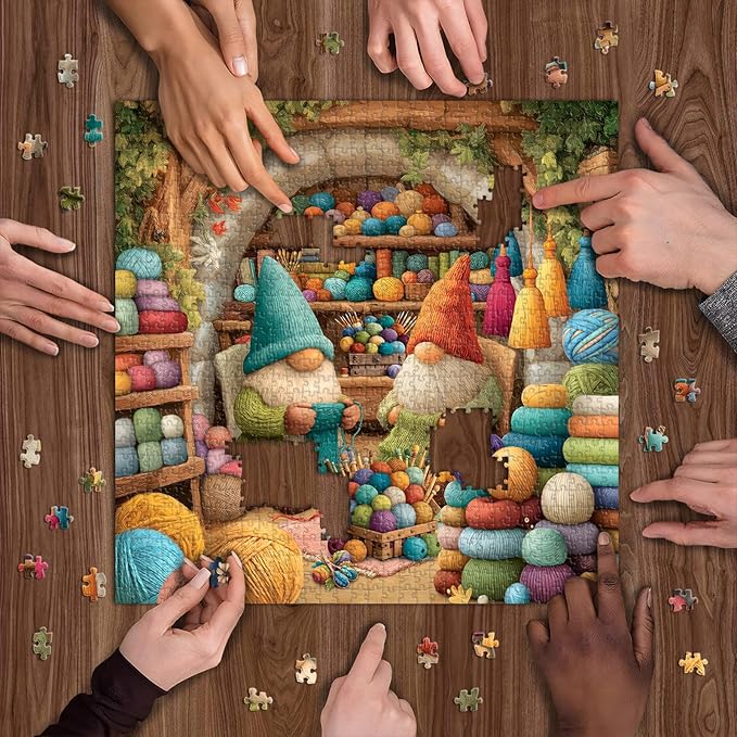 Funny Knitting Gnomes Puzzle for Adults 1000 Pieces，Vintage Cozy Yarn Workshop Colorful Art Puzzle，Cute Sewing Room Gnomes Jigsaw Puzzle Challenge