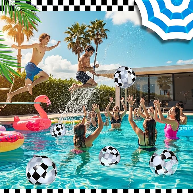 12 Pieces Inflatable Beach Ball Set - 8 inch Black and White Checkered Print Beach Balls for Theme Game Party Supplies Summer Pool Games Birthday Fun Party Favors