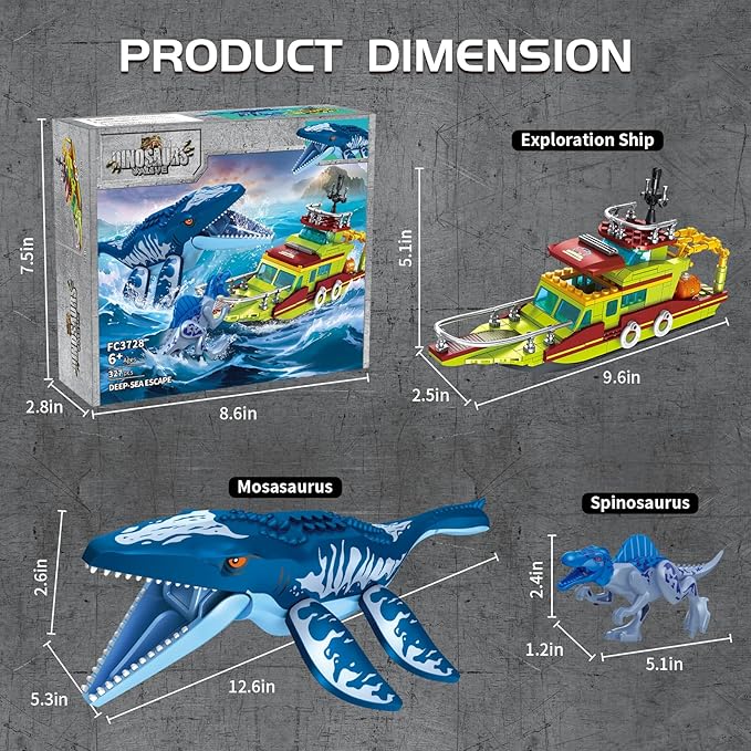 3 in 1 Sea Dinosaur Building Blocks Kit Set, Compatible with Lego Dinosaur World Park Spinosaurus Mosasaurus Discovery Crossing Ocean World Building Set, Boat STEM Toys Gift Kids Adults Boys Age 8-12