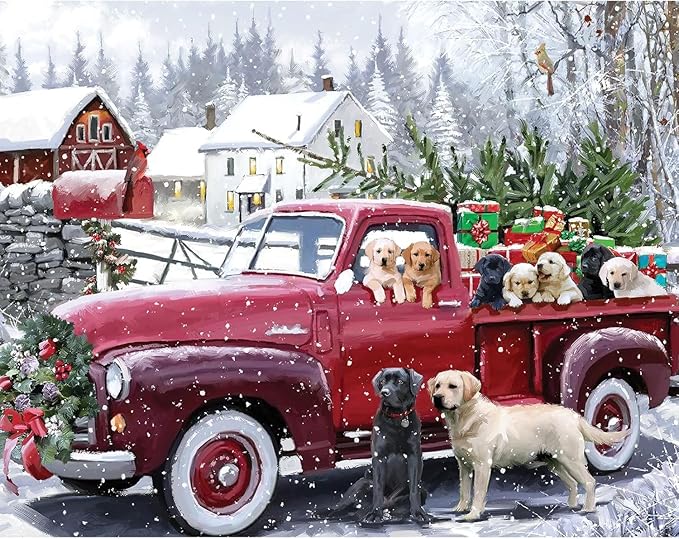 Bits and Pieces 50 Piece Puzzles for Adults 50 Extra Large Pieces 15" x 19" Jigsaw Puzzles, Red Truck Presents Dogs, Random Die Cut, No 2 Pieces Alike, Christmas Delivery
