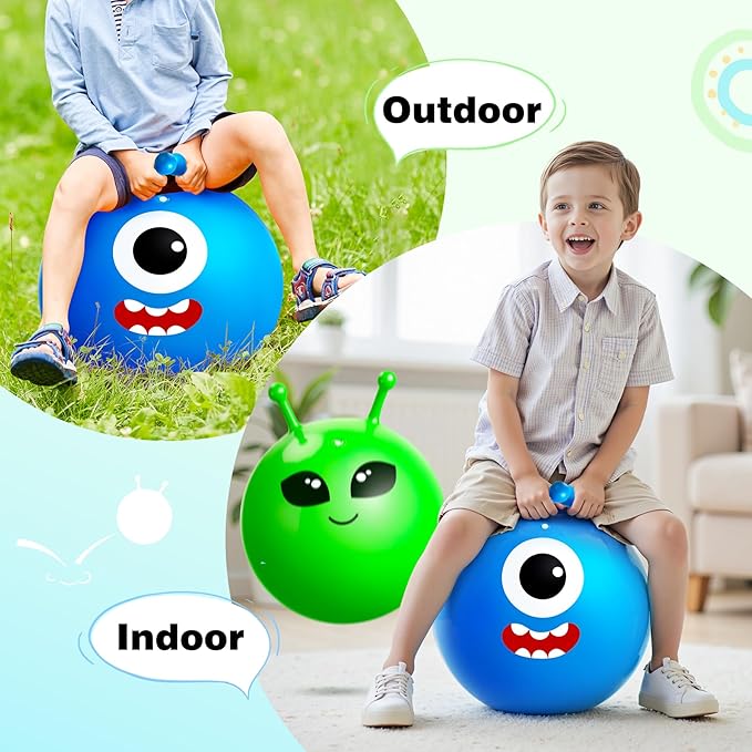 ZOOJOY Hopper Ball 2 Pack, 18In Bouncy Ball with Handle, Alien & Monste Horn Hop Balls Girls Boys Toys for for Sport/School/Team, Inflatable Kids Gifts for 3 4 5 6 7 8 Yr Old for Indoor Outdoor Game