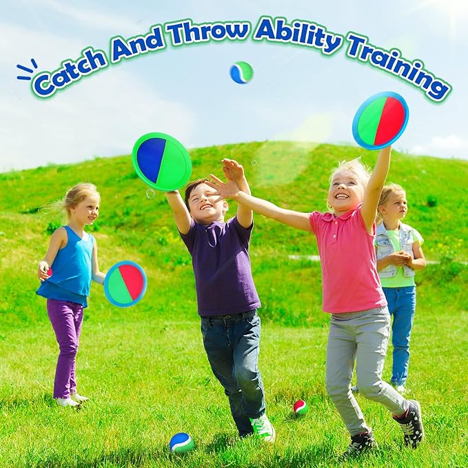 Charniol Kids Toys Toss and Catch Game Set Beach Game Outdoor Ball Sports Games Toss and Catch Ball Nylon Toys for Kids Adults(Blue Green, Pink Green,12 Paddles 6 Balls)