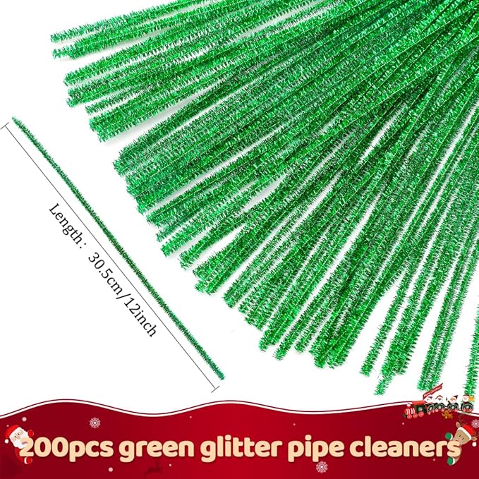 Praisebank Green Glitter Pipe Cleaners for Crafts, 200pcs, Chenille Stems for DIY Projecets, Arts & Crafts Supplies for Festival Party Decorations