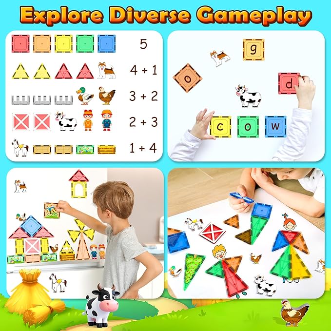 Magnetic Tiles Toys with Farm Animals for 3+ Year Old Toddler, Magnetic Blocks Building Toys for Kids Ages 3-5 5-7 Girls Boys, Classroom Must Haves
