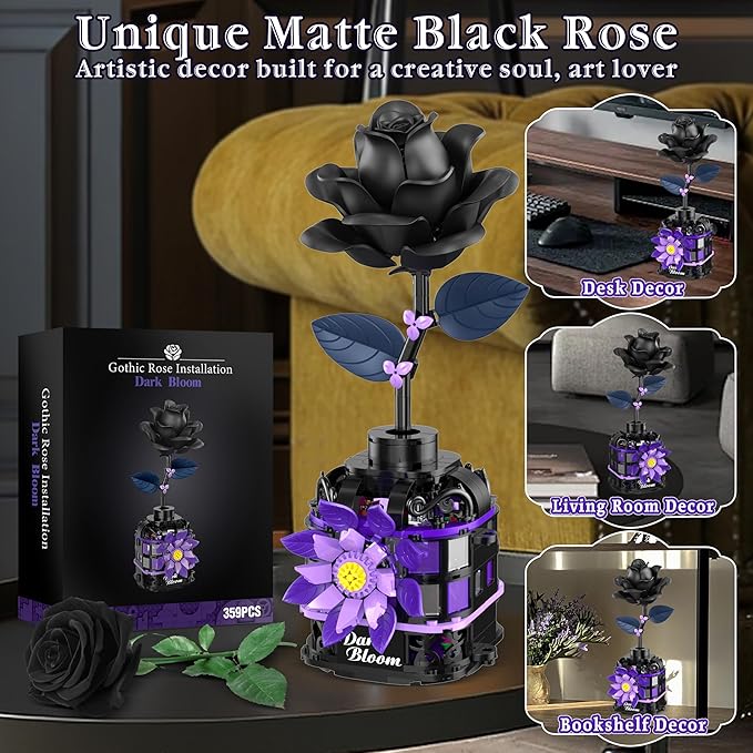 Gothic Black Roses Building Blocks Kit, Mysterious Dark Bloom with Vase Toy Building Sets for Boys Girls, 359 Pcs Artificial Flower Building Toys for Mom