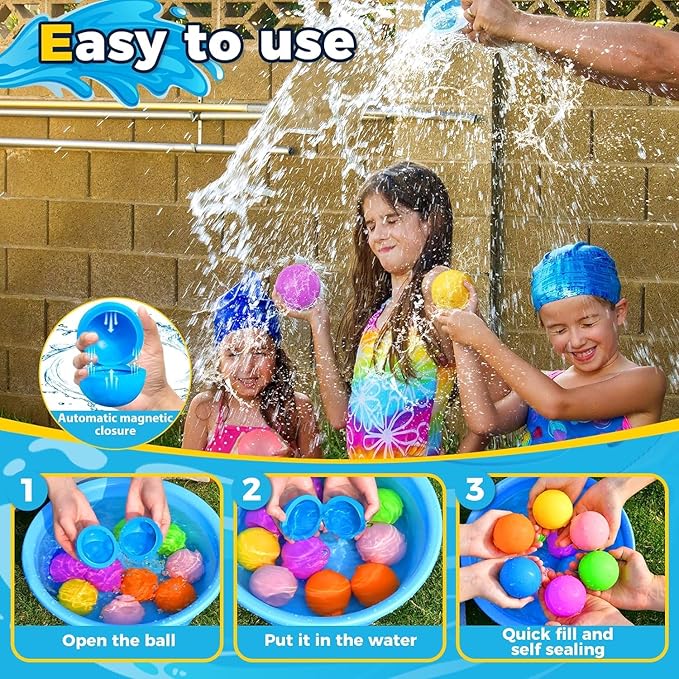 6PCS Reusable Water Balloons - Quick Fill Water Balls Toys For Toddler Age 4-8 - Refillable Self-Sealing Water Splash Bomb For Summer Party Pool Outdoor Beach Toys for kids Age 8-12