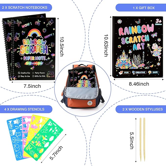Scratch Art Crafts Kit for Kids – 2 Pack Rainbow Scratch Paper Notebooks with Wooden Styluses and Drawing Stencils, Magic Art Supplies Birthday Christmas Gifts Party Favors for Boys Girls Ages 3-10